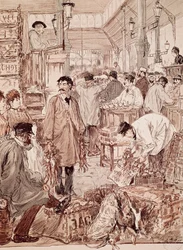 Vente aux enchères de gibier sauvage aux Halles, illustration, Paris, France