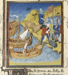 Guillaume Ier débarque avec son armée et son équipement en Angleterre (miniature)