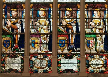Vitrail représentant Louis de Bourbon (1376-1446) Comte de Vendôme, Jeanne de Laval (d.1468) Jean II de Bourbon (1446-77) Comte de Vendôme et Isabelle de Beauvau (d.1474)