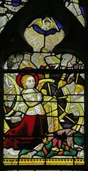 Vitrail représentant Sainte Catherine priant et des anges brisant la roue en jetant des pierres, 1460-70