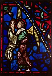 Vitrail représentant un ange présentant une âme à Dieu le Père, atelier d
