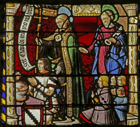 Vitrail représentant les donateurs Claude de Crépy et ses fils avec Saint Claude et Saint Pierre