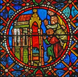 Fenêtre s4 représentant le tombeau de Sainte Agathe avec des pèlerins de loin et de près