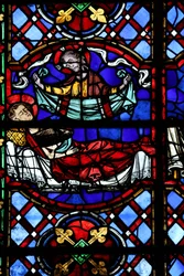 Fenêtre w04 représentant la Charité de Saint Martin : il divise son manteau et celui-ci est rendu par le Christ