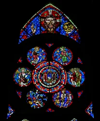 Fenêtre w100 représentant Dieu le Père, le tombeau de la Résurrection et des scènes de la Résurrection - et la flagellation
