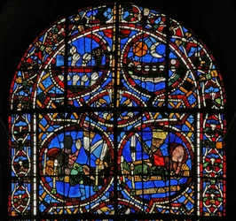 Fenêtre w11-R représentant le rêve de Joseph des soleils, lunes et gerbes de blé se prosternant devant sa gerbe