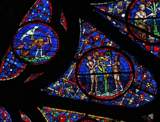 Fenêtre w115 représentant la Création : oiseaux, Adam et Ève et le serpent