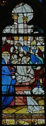 Saint Maximin baptisant; (le vitrail contient le verre vénitien rarement utilisé)