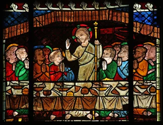 Fenêtre w14 représentant le Christ apparaissant aux Apôtres assemblés comme à la Cène