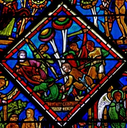 Scène dans la fenêtre du Bon Samaritain : le pèlerin est attaqué