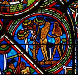 Fenêtre du Bon Samaritain : Adam et Ève mangent le fruit défendu