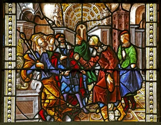 Fenêtre w16 représentant Saint Thomas en Inde invité au mariage de Pélage, battu par un serviteur - qui est à son tour mangé par un lion. Un chien apporte le bras du serviteur