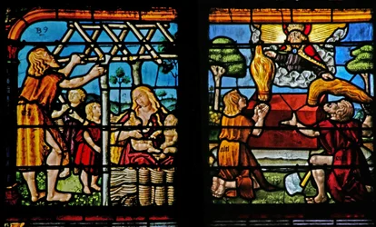 Adam construisant une maison et Ève élevant leurs enfants; Caïn et Abel font leurs offrandes au Seigneur