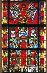 Vitrail w205 représentant un château et des drapeaux avec fleur-de-lys