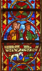 Scène de la vie de Saint Thomas : à la fête, un chien apporte le bras du cupbearer