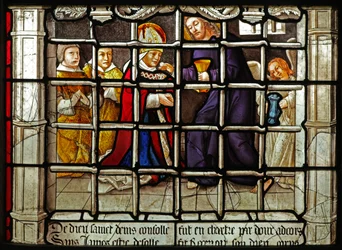 Vitrail w31 représentant une scène de la vie de Saint Denis : reçoit la Communion du Christ en prison