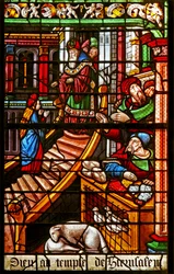 Fenêtre w38 représentant une scène de la vie de la Vierge Marie : sa Présentation au Temple