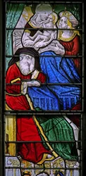 Fenêtre w3 représentant une scène de la vie de la Vierge Marie - sa naissance; Joachim dort