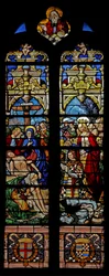 Fenêtre w4 représentant la Descente de Croix avec le donateur François de Montmorency et Sainte Françoise