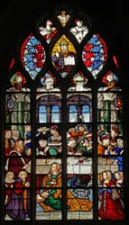 Fenêtre w5 représentant les événements à la maison de Simon : Marie-Madeleine lave les pieds du Christ