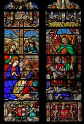 Fenêtre w6 représentant la Nativité avec les bergers; les donateurs regardent