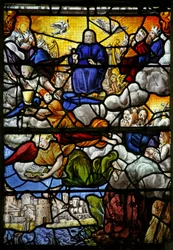 Fenêtre w7 représentant une scène du Livre de la Révélation de Saint Jean : le Trône dans le Ciel : les quatre Bêtes Sacrées