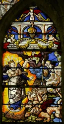Fenêtre w7 représentant une scène du Livre de la Révélation de Saint Jean : la Femme Vêtue de Soleil