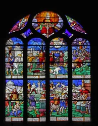 Fenêtre w7 représentant des scènes de la vie de Sainte Barbe