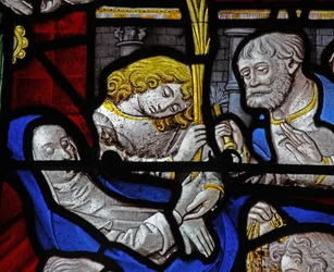 Fenêtre w9 représentant un détail de la Mort de la Vierge Marie