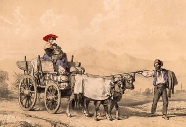 Femme et enfant en costume traditionnel montant sur un chariot plein de sacs, c.1840