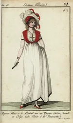Femme avec chapeau Lisbeth à la mode de 1798 (gravure sur cuivre coloriée à la main)