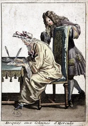 Femme en chemise et bonnet de nuit écrivant une lettre avec un homme