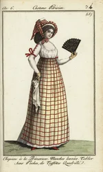 Femme avec chapeau Primerose à la mode de 1798 (gravure sur cuivre coloriée à la main)