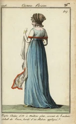 Femme avec châle transparent à la mode de 1798 (gravure sur cuivre colorée à la main)