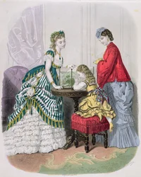 Femmes et un enfant regardant un aquarium, de La Mode Illustrée, vers 1870