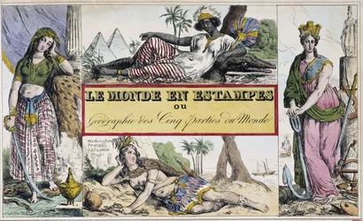 Femmes représentant 4 continents : Afrique, Europe, Amérique et Asie - Frontispice de "Le Monde en prints ou Géographie des cinq parties du monde" par le Chevalier de Roujoux