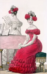 Jeune femme en robe de soirée en crêpe avec une coiffe élaborée, publicité dans Modes de Paris, vers 1825