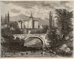 Château de la Rochelambert dans la vallée de la Borne Haute-Loire (43) - gravure dans "La France illustrée : géographie, histoire, administration statistique" par V.A. Malt-Brown. 1884