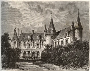 Château du Rocher à Mézangers en Mayenne - gravure dans "La France illustrée: géographie, histoire, administration statistique" par V.A. Malt-Brown. 1884