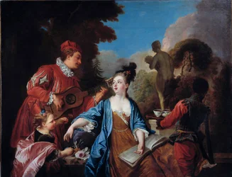 Goûtez-le dans un parc. De jeunes nobles se font servir le thé dans le jardin par un jeune domestique noir. École française. XVIIIe siècle. Soleil. 1,71 x 1,32 m, Rouen, Musée des Beaux-Arts