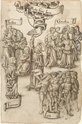 Espoir, atteignant le ciel, se tient parmi des hommes tristes et heureux, des joies et des peurs [fol. 19 recto]