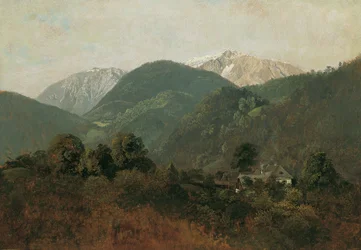 Vue de Scheuchenstein vers Gauermannhof avec Schneeberg en arrière-plan