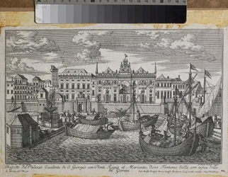 Plan de Gênes représentant le Pont Royal, le Nouveau Pont de Mercanzia et le Palais de Saint-Georges vu de la mer, c.1750 (gravure)