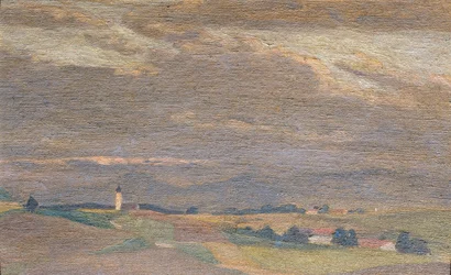 Paysage du soir avec clocher