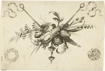 Feston avec fleurs, feuilles et fruits