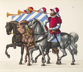 Trois musiciens à un tournoi, planche de A History of the Development and Customs of Chivalry, par Dr. Franz Kottenkamp, publié par Carl Hoffmann, 1842