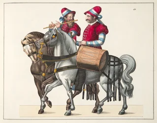 Deux musiciens à un tournoi, planche de A History of the Development and Customs of Chivalry, par Dr. Franz Kottenkamp, publié par Carl Hoffmann, 1842