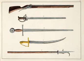 Armes incluant des épées et des lances, c.1400, planche de A History of the Development and Customs of Chivalry, par Dr. Franz Kottenkamp, publié par Carl Hoffmann, 1842