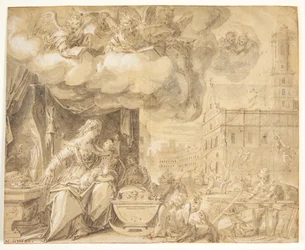 La sainte famille. F.o. anges chantants. En arrière-plan l