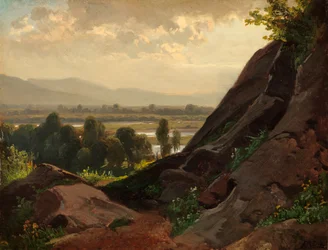 Paysage de montagne avec partie rocheuse au premier plan